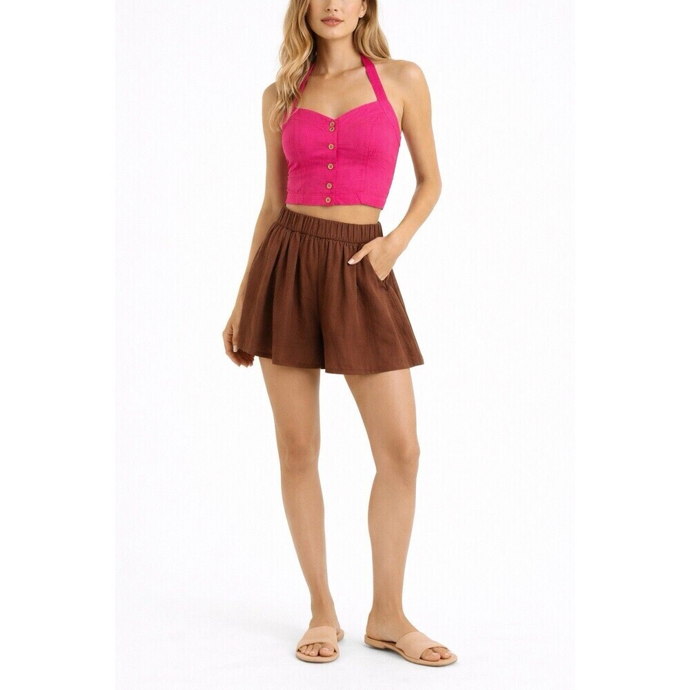 Anthropologie Moon River Pink Linen Blend Halter Crop Top Buttons Size S NWT